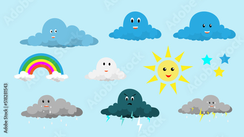 colorful Cute weather icon set  cute cloud  rainbow and sun cartoon set vector illustration