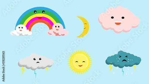 colorful Cute weather icon set, cute cloud, rainbow and sun cartoon set vector illustration