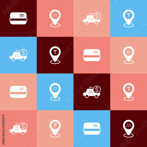 Set pop art Credit card, Location taxi, Taximeter device and icon. Vector