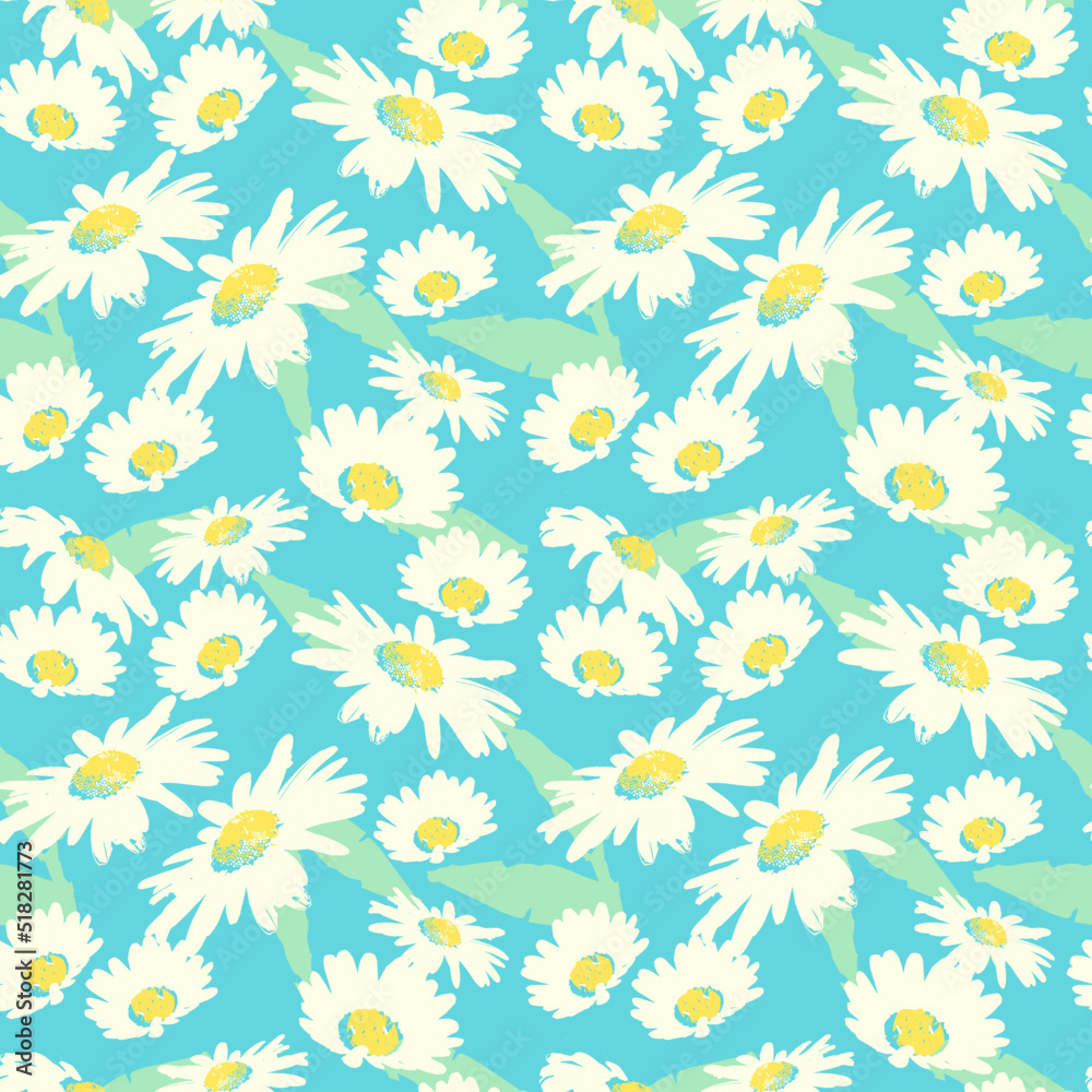 Seamless daisy vector. Seamless pattern of white daisies on blue background for home textiles or packaging. 