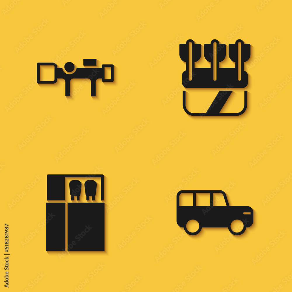 Set Sniper optical sight, Safari car, Open matchbox and matches and Quiver with arrows icon with long shadow. Vector Set Sniper optical sight, Safari car, Open matchbox and matches and Quiver with arrows icon with long shadow. Vector