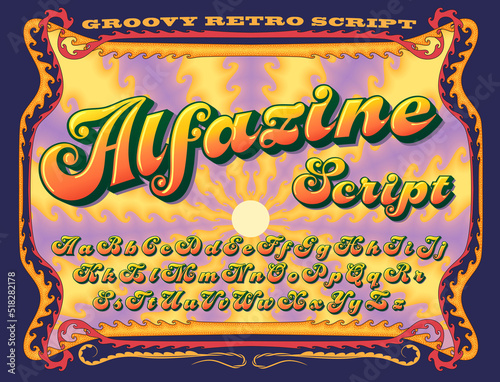 Alfazine Script is a fat retro alphabet with groovy pop art qualities and 3d effects. Also features an ornate sunburst background and stylized border.