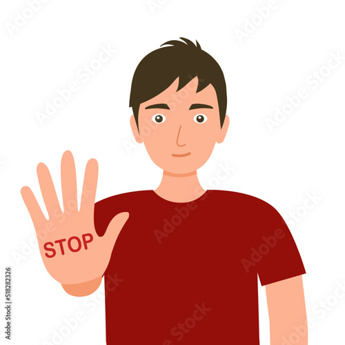 Man with hand gesturing no or stop sign in flat design. Stop bad habits concept.