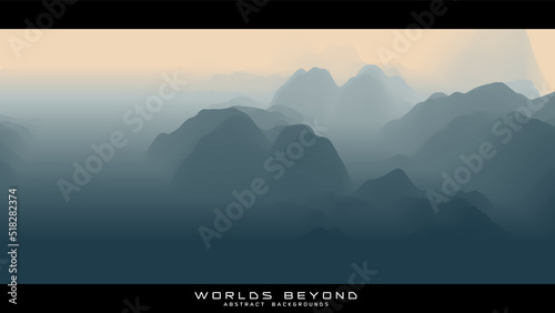 Abstract gray landscape with misty fog till horizon over mountain slopes. Gradient eroded terrain surface. Worlds beyond.