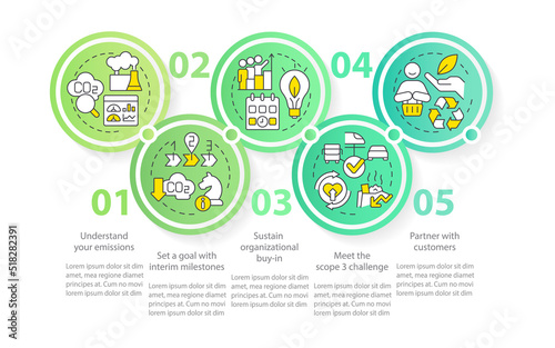 Change to net zero circle infographic template. Reduce emissions. Data visualization with 5 steps. Editable timeline info chart. Workflow layout with line icons. Myriad Pro-Regular font used