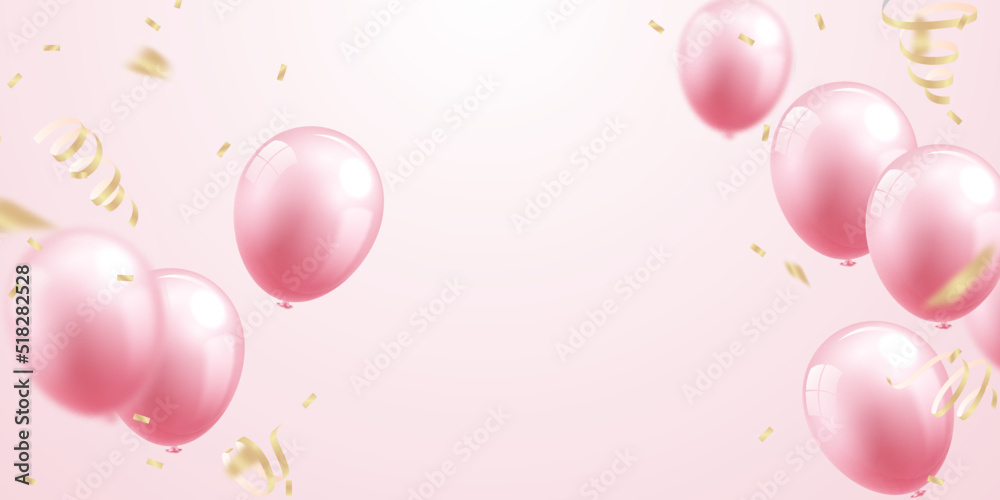 Celebrate with pink balloons with confetti for festive decorations vector illustration.