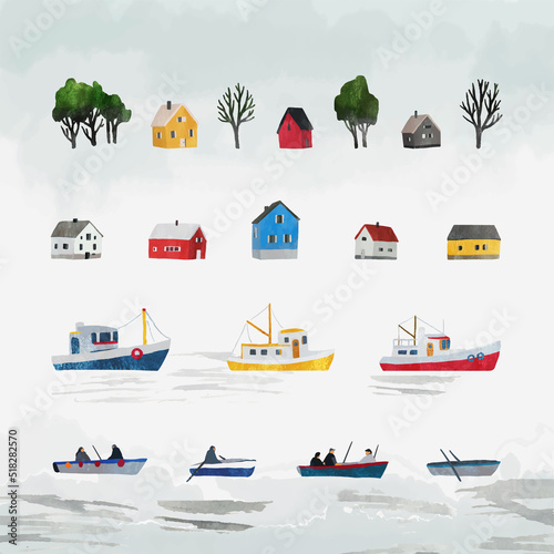Set vector hand drawn norwegian houses, trees, boats and ships. Spring collection. Cute collection of design elements, isolated on gray background
