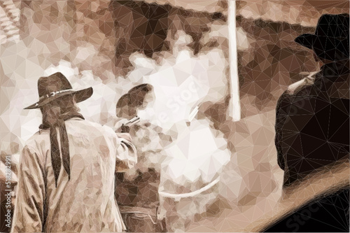 Wilder Westen. 2 Cowboys schießen und erzeugen viel Qualm. Ein Cowboy sitzt auf einem Pferd. Hintergrund Vektor in Low Poly Style. 


