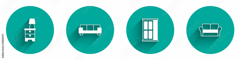 Set Furniture nightstand with lamp, Sofa, Wardrobe and icon with long shadow. Vector Set Furniture nightstand with lamp, Sofa, Wardrobe and icon with long shadow. Vector