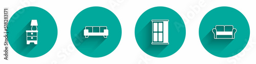 Set Furniture nightstand with lamp, Sofa, Wardrobe and icon with long shadow. Vector