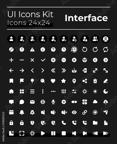 Comprehensible white glyph ui icons set for dark mode. Silhouette symbols on black background. Solid pictograms for web, mobile. Vector isolated illustrations. Montserrat Bold, Light fonts used