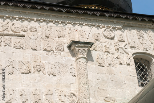 White stone carving on the walls of St. George's Cathedral. Yuryevsky Kremlin (Archangel-Mikhailovsky Yuryevsky monastery). Yuryev-Polsky town, Vladimir region, Russia photo