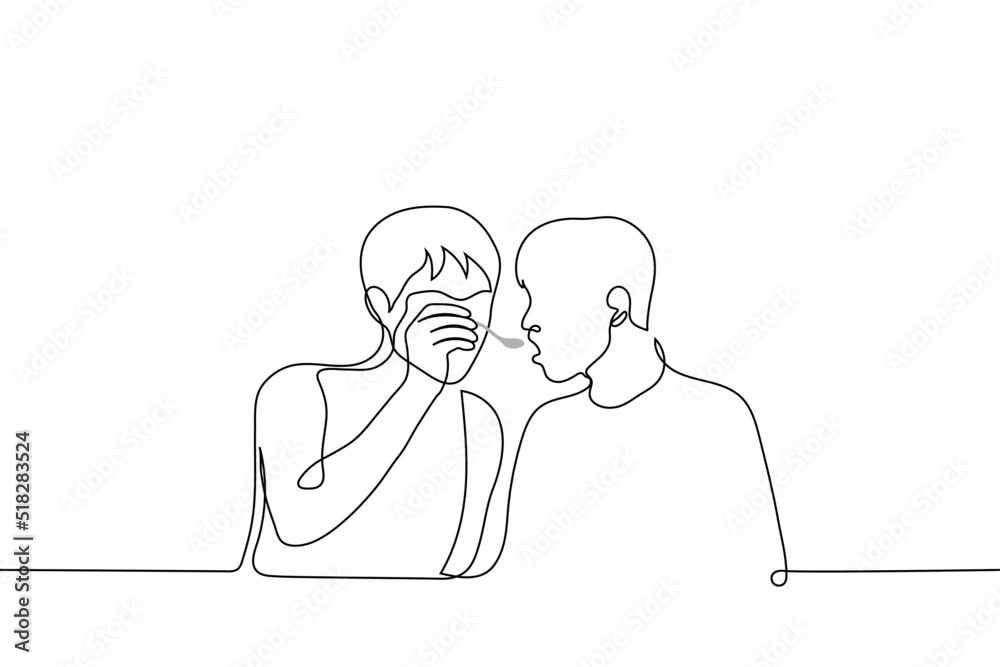 man feeding friend with spoon - one line drawing vector. concept to treat, to give a taste of a prepared dish, to give medicine, to feed from a spoon with a disability man feeding friend with spoon - one line drawing vector. concept to treat, to give a taste of a prepared dish, to give medicine, to feed from a spoon with a disability