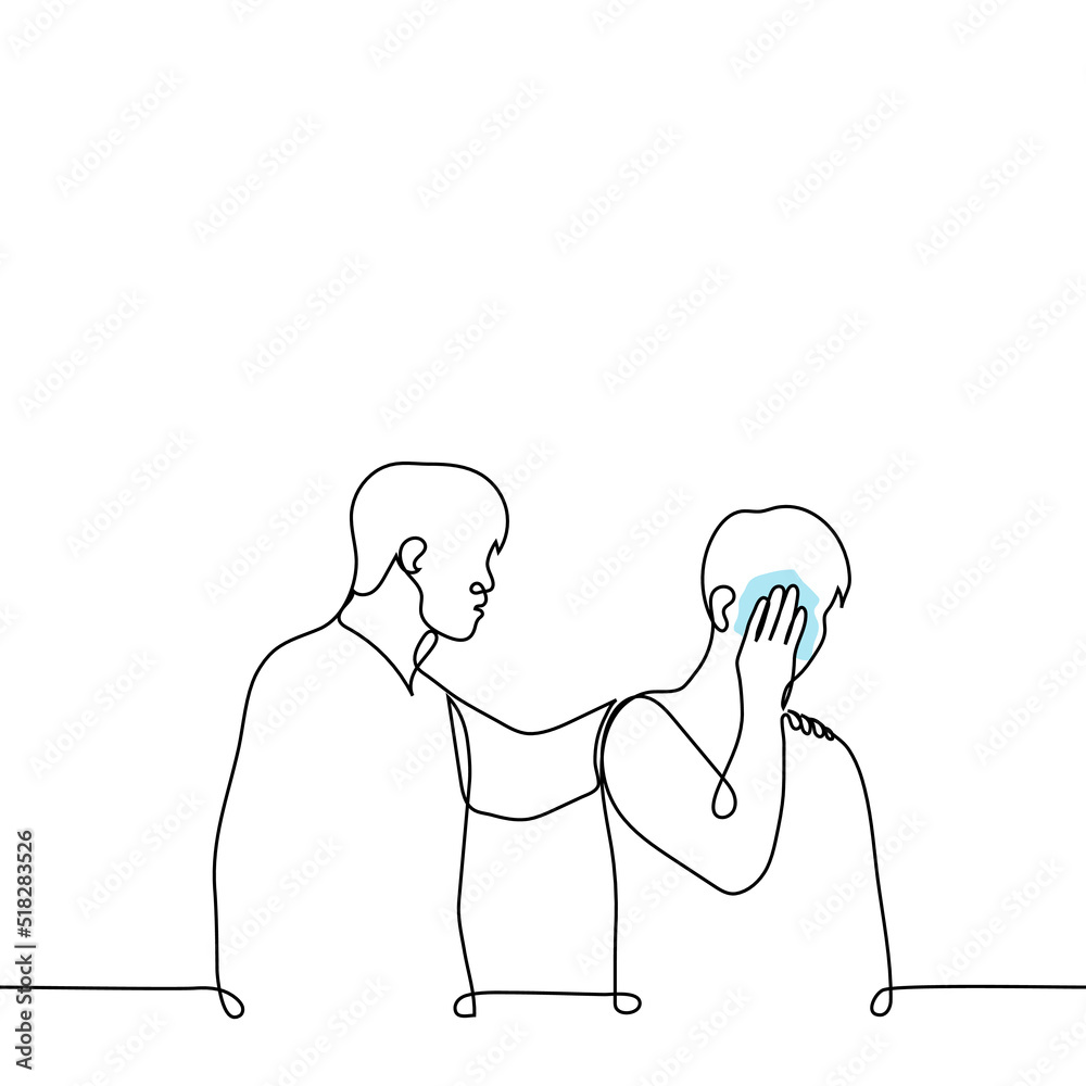 man comforting crying friend - one line drawing vector. concept male support, comfort a friend, moral and psychological help, empathic and sensitive person