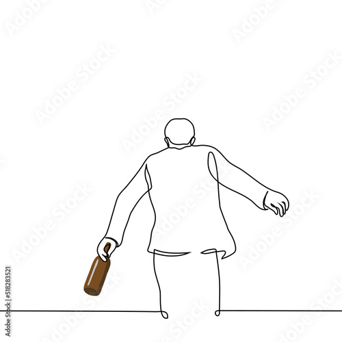 man walking staggering with bottle in hand - one line drawing vector. concept drunkard with a drink
