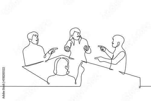 group of people sit at a table and point fingers at each other - one line drawing vector. concept group of friends play a game (mafia), business partners or colleagues blame each other for mistakes