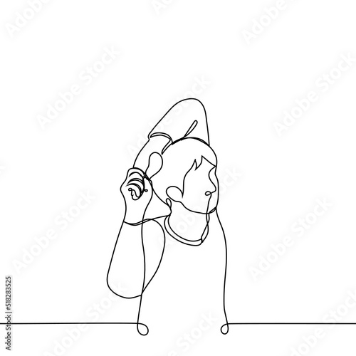 man is stretching his arms and shoulders - one line drawing vector. concept of warming up the neck during office sedentary work, morning exercises