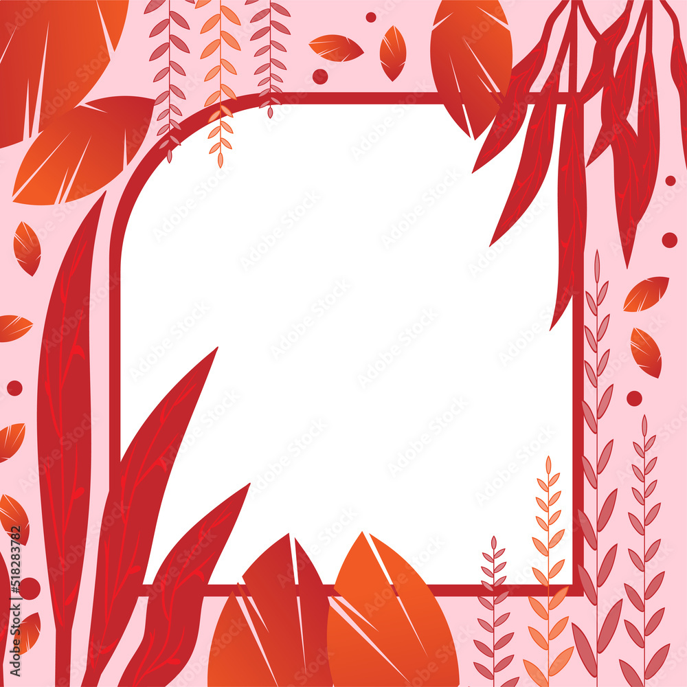 Obraz premium Red decorated nature, plant and leaf based blank frame with space for text, card, banner, poster design vector illustration.