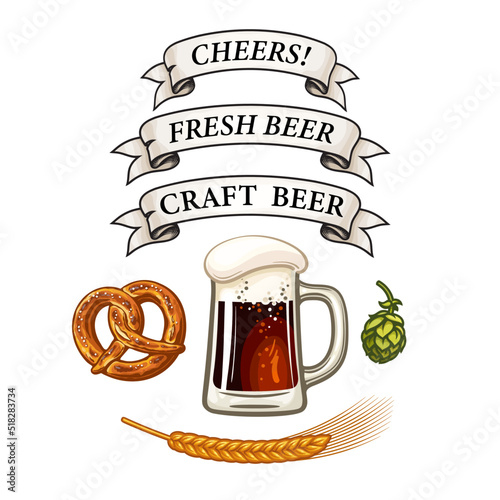 Beer mug, Bavarian pretzel, barley ear, hop cone, ribbon banners with text Cheers, Fresh, Craft beer. Hand drawn vector