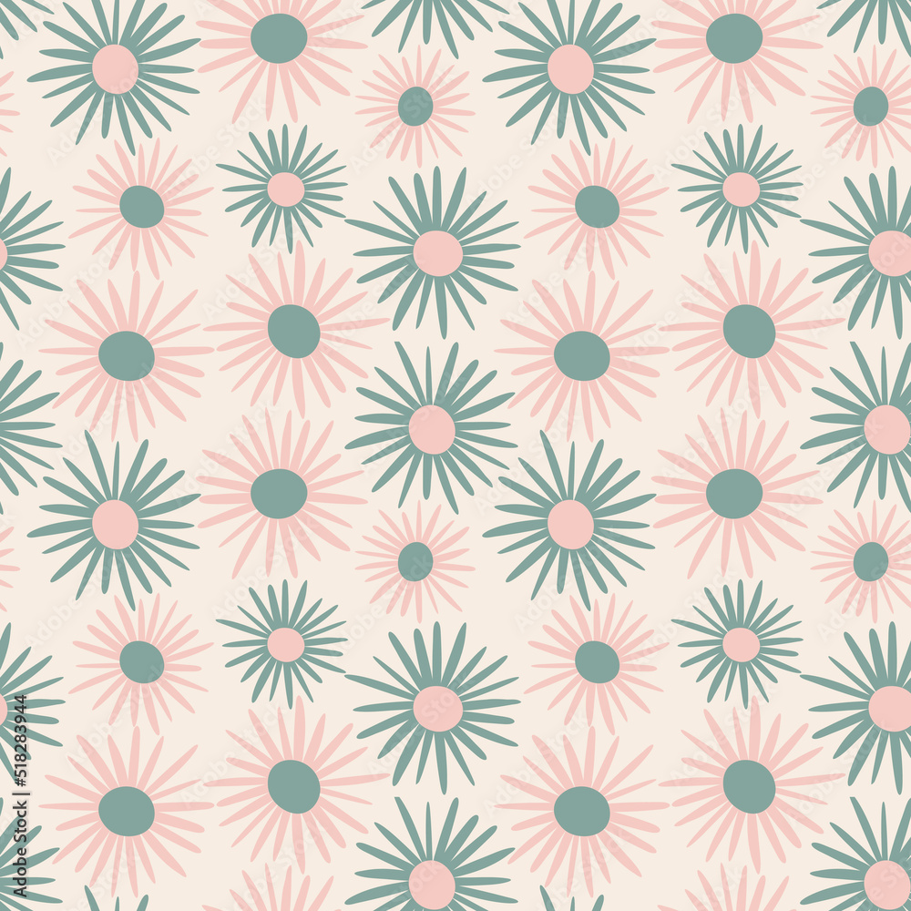 Retro pastel colored seamless pattern with daisies. Cute pink and green abstract chamomile on beige background. Floral design elements for greeting cards, scrapbooking, print, gift wrap, manufacturing