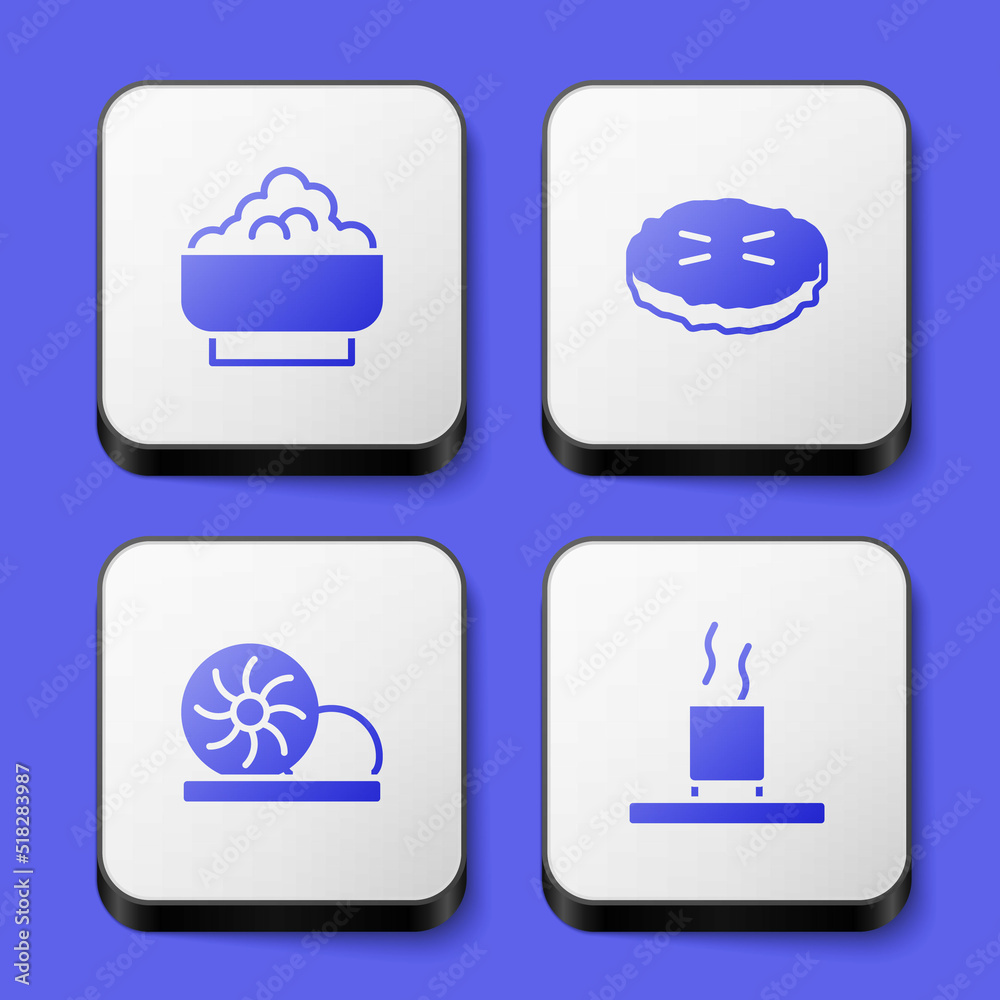 Set Rice in a bowl, Homemade pie, Xiao long bao and Cup of tea icon. White square button. Vector Set Rice in a bowl, Homemade pie, Xiao long bao and Cup of tea icon. White square button. Vector