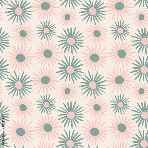 Retro pastel colored seamless pattern with daisies. Cute pink and green abstract chamomile on beige background. Floral design elements for greeting cards  scrapbooking  print  gift wrap  manufacturing
