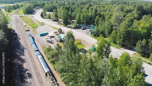4K Drone Video of Alaska Railroad Train and Station at Talkeetna, Alaska during Sunny Summer Day photo