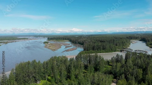 4K Drone Video of Alaska Railroad Train Trestle Bridge with Mt. Denali in Distance near Talkeetna, AK photo