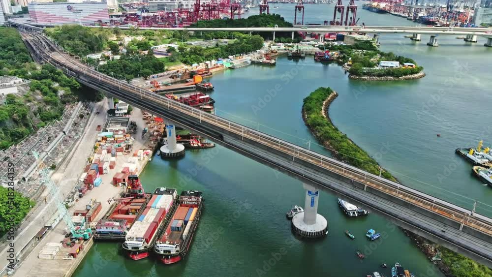 MTR crossing bridge in Tsuen Wan, Hong Kong; aerial view