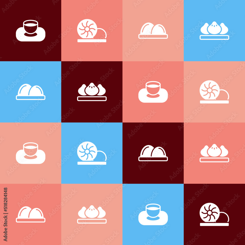 Set pop art Soy sauce in bowl, Xiao long bao, Sushi and Dumpling icon. Vector Set pop art Soy sauce in bowl, Xiao long bao, Sushi and Dumpling icon. Vector