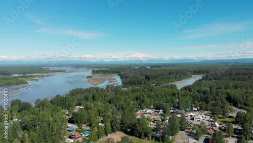 4K Drone Video of Talkeetna, AK along the Susitna River with Denali Mountain in Distance on Sunny Summer Day photo