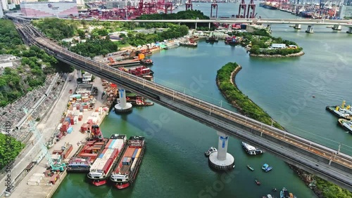 MTR crossing bridge in Tsuen Wan, Hong Kong; aerial view
