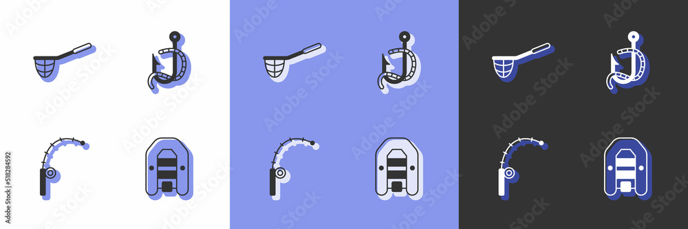Set Inflatable boat with motor, Fishing net, rod and hook and worm icon. Vector