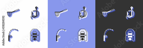 Set Inflatable boat with motor, Fishing net, rod and hook and worm icon. Vector
