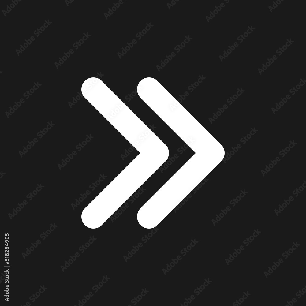 Right double arrow dark mode glyph ui icon. Fast forward button. Speed up. User interface design. White silhouette symbol on black space. Solid pictogram for web, mobile. Vector isolated illustration Right double arrow dark mode glyph ui icon. Fast forward button. Speed up. User interface design. White silhouette symbol on black space. Solid pictogram for web, mobile. Vector isolated illustration