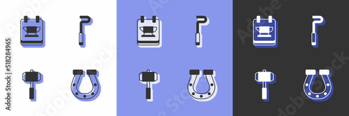 Set Horseshoe, Blacksmith anvil tool, Sledgehammer and Fire poker icon. Vector