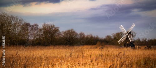 Photography Wicken Fen Windmill - wide panorama in subtle impressionist style