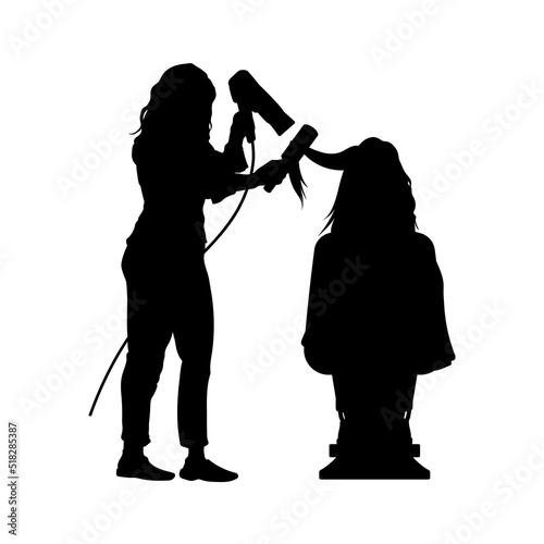Hairdresser silhouette. Isolated black stylist portrait. Beauty salon scene. Girl fashion service. Haircut master with hairdryer and comb