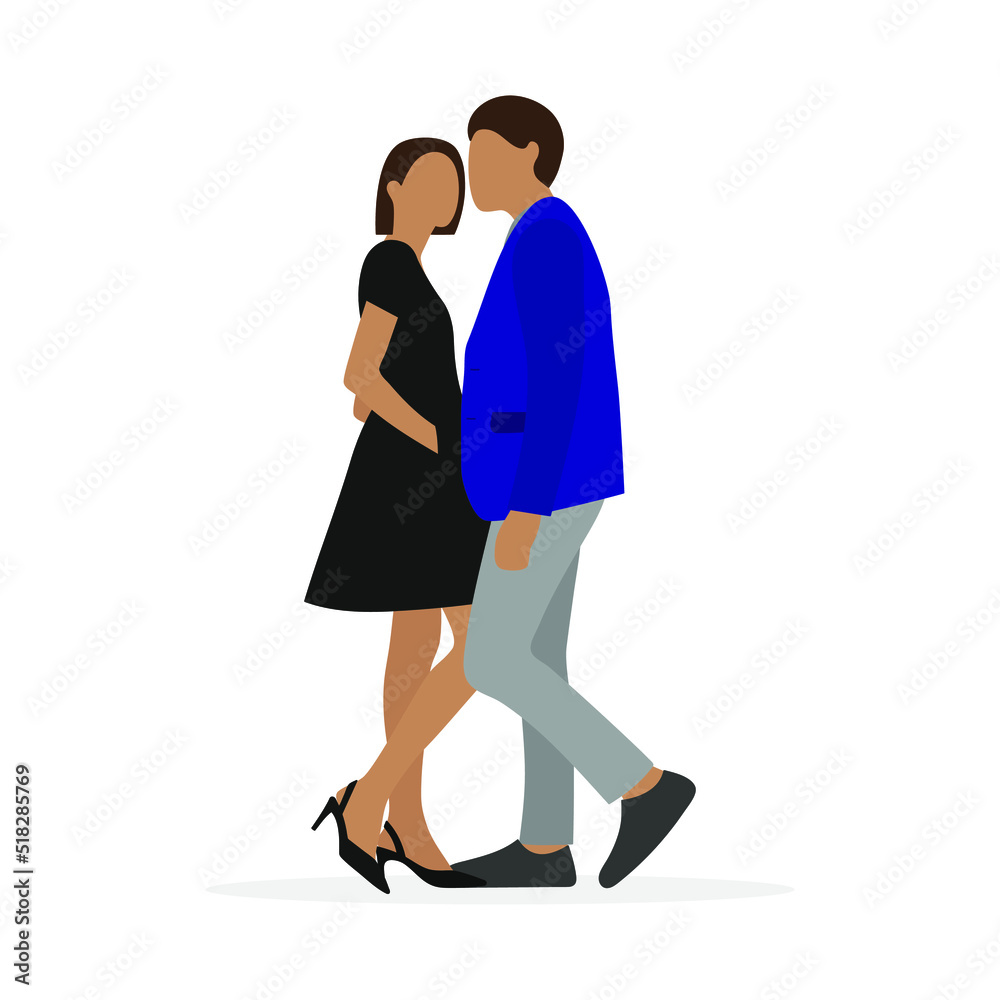A male character and a female character are standing very close to each other on a white background