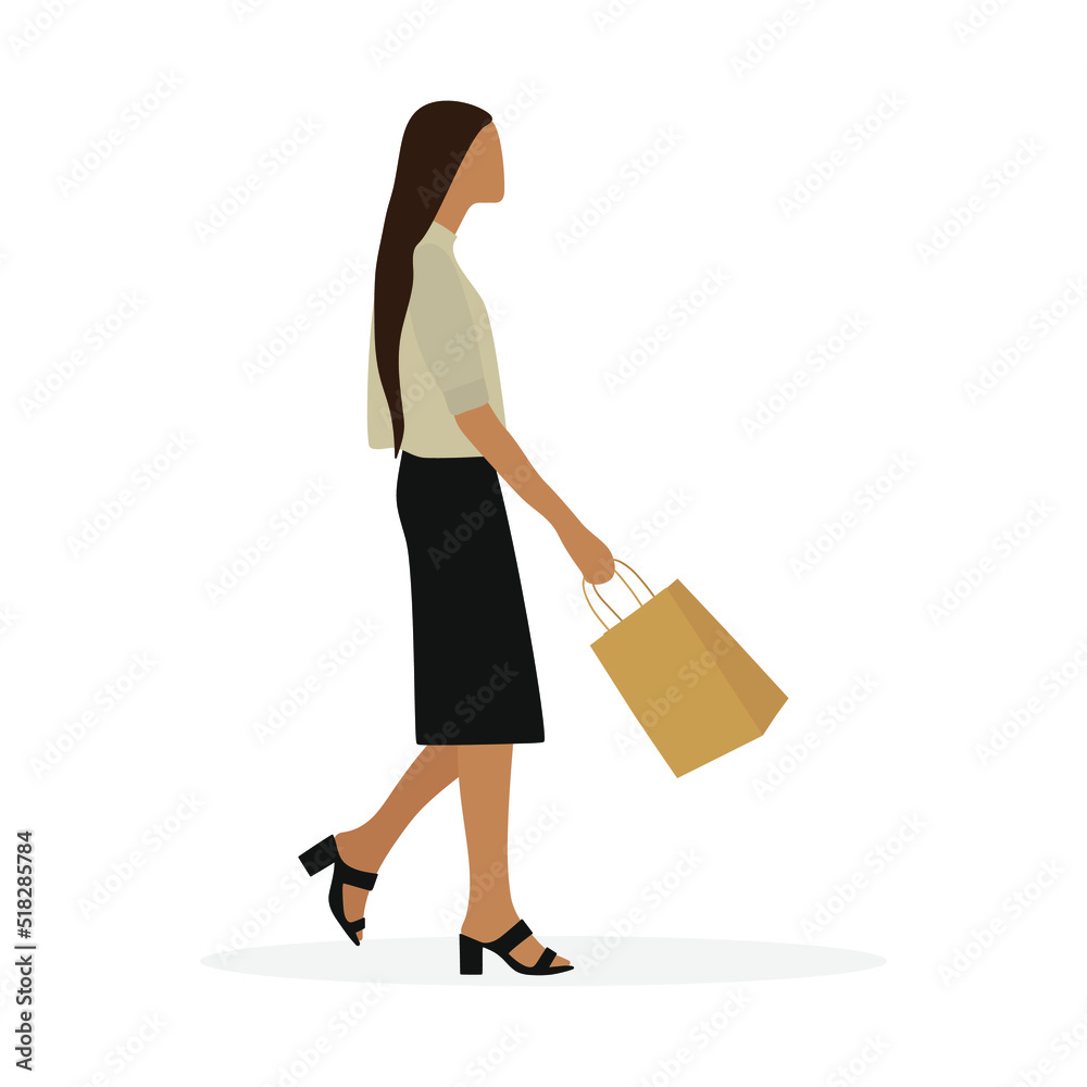 A female character with a paper bag in her hand is walking on a white background