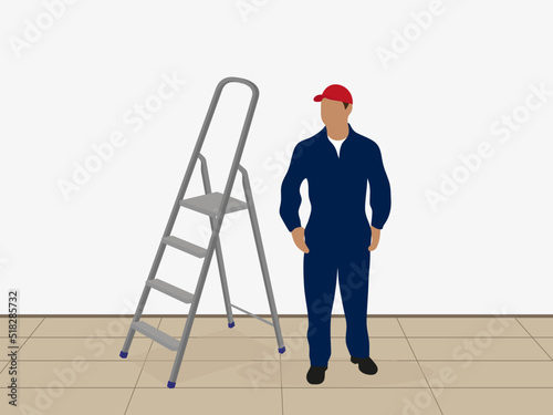 Male character in work uniform stands near a stepladder indoors