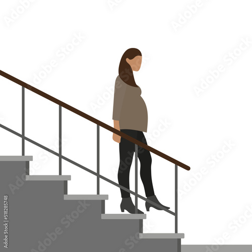 Pregnant female character descends the stairs on a white background