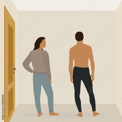 Female character and male character in home clothes and barefoot together in the room