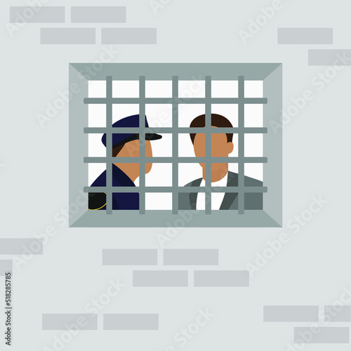 Male character and policeman behind a window with bars