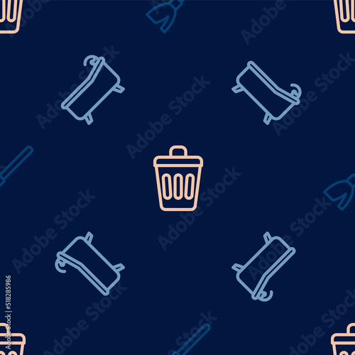 Set line Handle broom, Bathtub and Trash can on seamless pattern. Vector