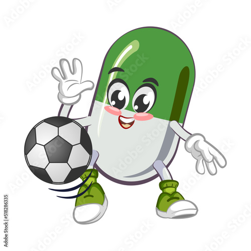 vector illustration of cute capsule mascot playing soccer