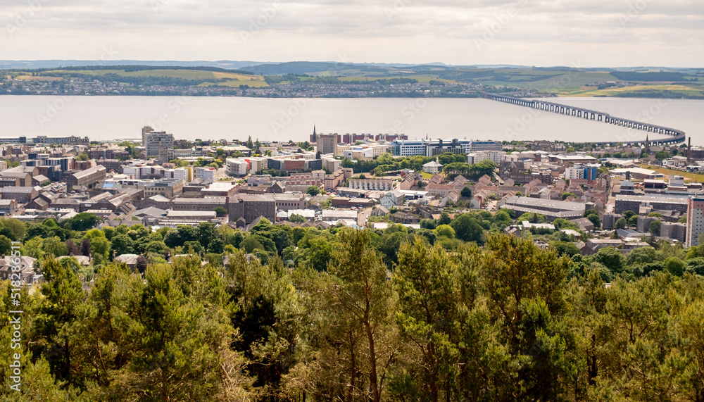Fototapeta premium Dundee, Scotland, UK – June 23 2022. The Dundee skyline and distant River Tay
