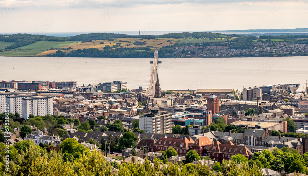 Dundee, Scotland, UK – June 23 2022. The Dundee skyline and distant River Tay