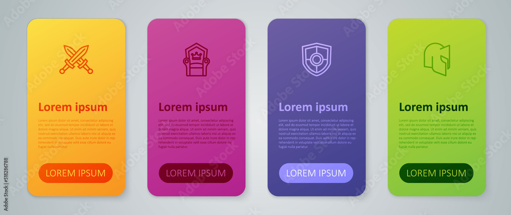Set line Shield, Medieval helmet, Crossed medieval sword and throne. Business infographic template. Vector Set line Shield, Medieval helmet, Crossed medieval sword and throne. Business infographic template. Vector