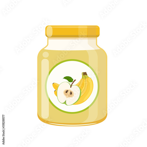 Banana apple baby food puree in glass jar, vector illustration isolated on white background